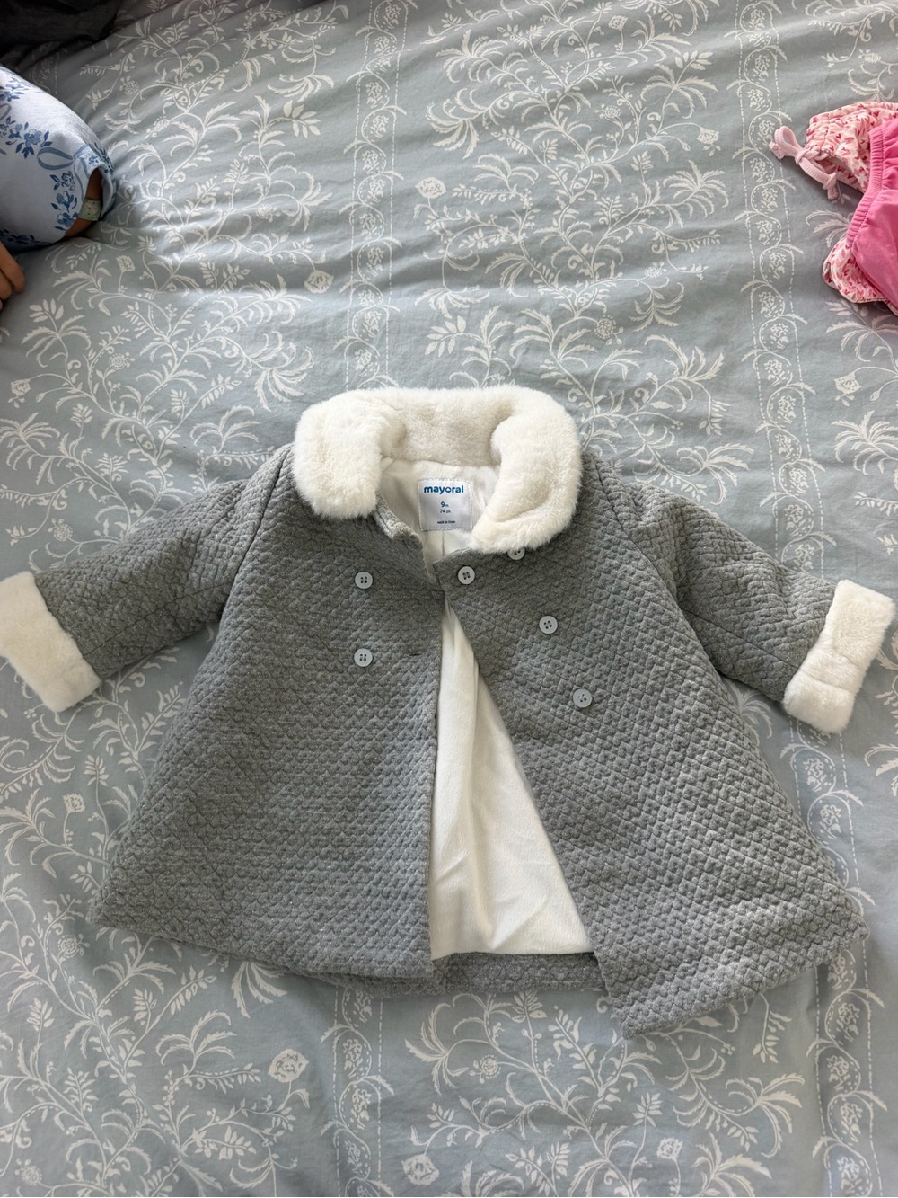 Mayoral Gray Quilted Pea Coat with Faux Fur Trim